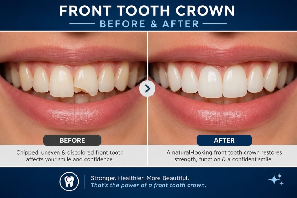 Before and after of front Tooth Crown