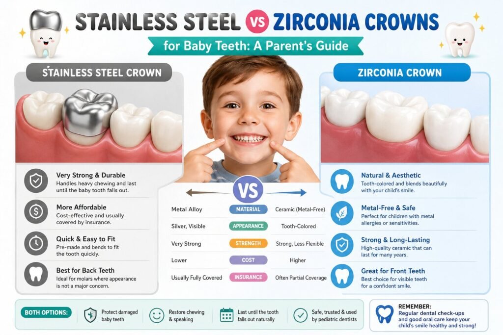 Stainless Steel vs Zirconia Crowns for Baby Teeth