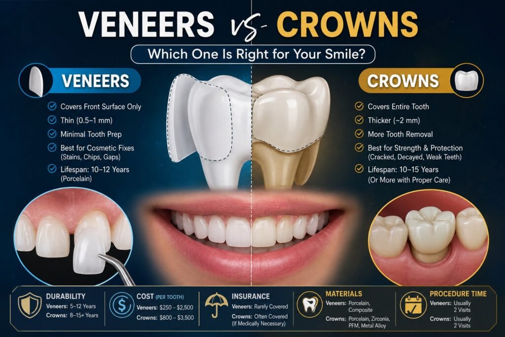 front teeth crowns vs veneers